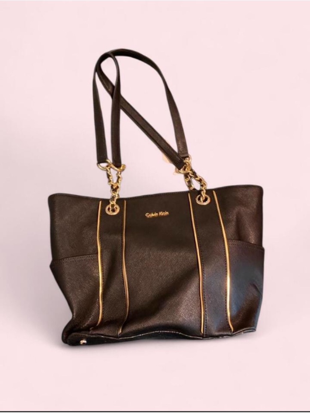 Calvin Klein Black Leather Tote with Gold Accents
